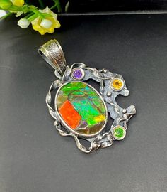 Artisan Handmade Ammolite Gemstone Pendant in sterling silver  Materials:  Silver 925, Ammolite, Amethyst, Citrine, Chrome Diopside Height - 1 3/4" (with bail), Width - 1 1/4" Unique Handcrafted One-of a-kind Design Pendant Each Piece of Jewelry in my Collection is Absolutely One of a Kind! When you start wearing a piece of my jewelry you will fall in love with it more and more each day and feel that good Energy and Love that I pass into it while creating this piece of Art. A piece of Art create Shepherd Art, Nativity Creche, Vintage Nativity, Amber Gemstone, Gift For Woman, Unique Gemstones, Good Energy, Handmade Pendant, Handmade Artisan