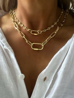 1. Top necklace  5mm links with a mini gold carabiner     14K gold plated brass     screw clasp closure            16" or 18" length 2. Second necklace      links 20mm x 9mm      14K gold plated brass      gold carabiner clasp           screw clasp closure       16" or 18" length Everyday Oval Link Necklace With Carabiner Clasp, Carabiner Clasp Chain Link Necklace, Gold Chain Link Necklace With Carabiner Clasp, Everyday Chain Link Necklace With Carabiner Clasp, Gold Link Chain Necklace, Carabiner Necklace, Chunky Gold Necklaces, Grunge Jewelry, Mini Gold