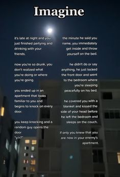 the words imagine are written in front of tall buildings at night with full moon above them