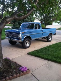 a blue pick up truck parked in front of a tree