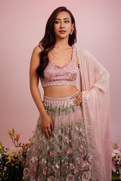 Pink attached can-can lehenga featuring botanical pattern hand embroidery all over. Paired with a hand embroidered blouse and a dupatta. - Aza Fashions Cape Lehenga, Kurta Lehenga, Lehenga Pattern, Lehenga Skirt, Luxury Sale, Botanical Pattern, Modern Bride, Bridal Lehenga, Neck Pattern