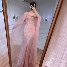 Peach Pink Mermaid Elegant Cape Sleeves Beaded Evening Dress - Prom Formal Arabic Gown 2024 for Women's Party Arabic Gowns, Elegant Cape, Pink Mermaid, Cape Sleeves, Prom Formal, Mermaid Silhouette, Grand Entrance, Peach Pink, Evening Dresses Prom