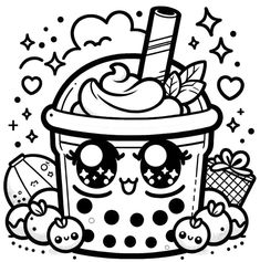 an ice cream sundae with fruit and candy on it, surrounded by stars and hearts