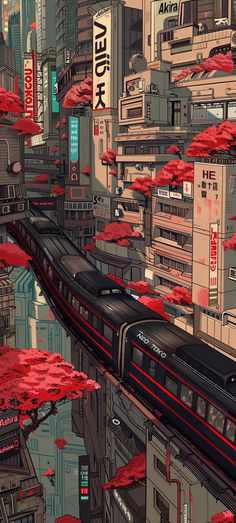 a train traveling through a city surrounded by tall buildings and red leaves on the trees