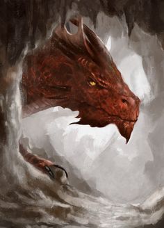 a painting of a red dragon in the water