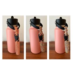 three pictures of a pink water bottle with a black lid and strap around the neck