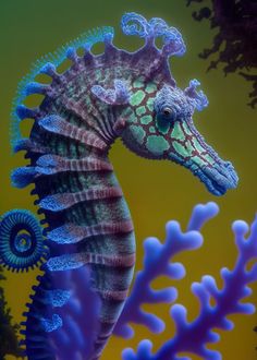 a sea horse standing on top of a lush green and blue oceanweed covered beach