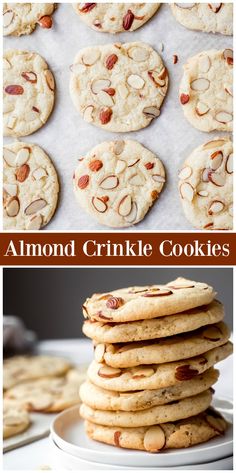 almond crinkle cookies are stacked on top of each other and ready to be eaten