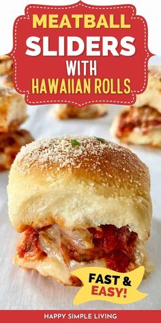 a close up of a sandwich on a plate with the words meatball sliders with hawaiian rolls