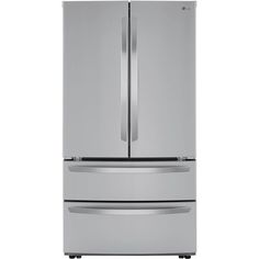 The LG 4-door french door refrigerator features a large 27.0-cu. ft. interior capacity. Enjoy a double pull-drawer style bottom freezer with 2-tiers for simple organization. The Door Cooling + vent allows cool air to reach all areas of the refrigerator to help maintain consistent temperatures. Smart Cooling system is designed to maintain superior conditions within the refrigerator. This refrigerator features a PrintProof stainless steel exterior finish that resists smudges and prints and easily Large Refrigerator And Freezer, Counter Depth French Door Refrigerator, Door Texture, Refrigerator Sizes, Pantry Drawers, Large Refrigerator, Fridge French Door, Counter Depth Refrigerator, Refrigerator Lg