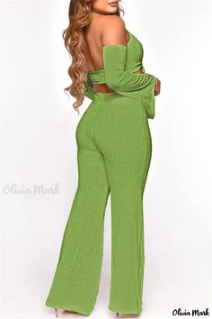 Olivia Mark - Chic Light Blue Solid Two-Piece Set with Hollowed Out Frenulum, Backless Design, and Long Sleeve Solid Two-piece Party Set, Green Stretchy Party Sets, Green Two-piece Party Set, Green Stretch Party Sets, Green Backless Jumpsuits For Party, Green Backless Jumpsuits And Rompers For Party, Solid Two-piece Jumpsuits And Rompers For Party, Solid Color Two-piece Jumpsuits And Rompers For Party, Green Fitted Backless Jumpsuits And Rompers