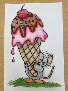 a drawing of a mouse holding an ice cream cone