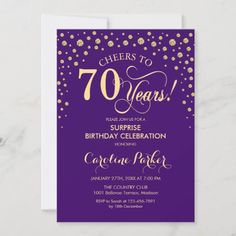 purple and gold 70th birthday party card