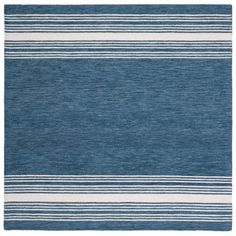 a blue and white rug with horizontal stripes