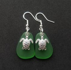 "Aloha! These design shows my love for this beautiful island of Hawaii. This item will be made to order and shipped directly from Hawaii. This is sea glass earrings with silver hooks. This handmade in Hawaii jewelry gift is from cultured sea glass that are specially formed into its shape for jewelry making. Each comes with a gift box with \"handmade by yinahawaii\" stamp and a ribbon wrapped as shown in the 2nd photo, ready to give as gift. I also offer Free gift messaging with the order. Please Green Jewelry With Matching Earrings For The Beach, Gift Dangle Earrings Made Of Sea Glass, Green Ocean-inspired Nickel-free Jewelry, Adjustable Nickel Free Sea Glass Earrings, Nickel-free Adjustable Sea Glass Earrings, Green Recycled Glass Earrings For Beach, Nickel Free Sea Glass For Jewelry Making, Nickel-free Sea Glass Jewelry For Jewelry Making, Adjustable Nickel-free Sea Glass Earrings