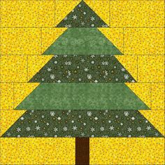 a quilted christmas tree with yellow and green background