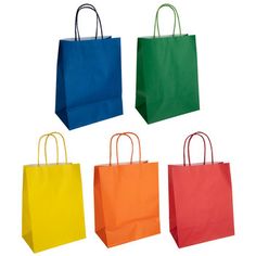 four different colored shopping bags on a white background