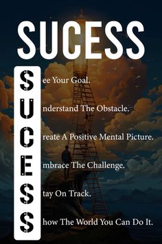 a poster with the words success and an image of a man standing on top of a ladder