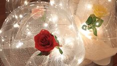 two clear bubble balls with roses in them and lights on the inside one is white