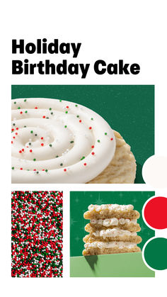 the holiday birthday cake is decorated with white frosting and sprinkles on it