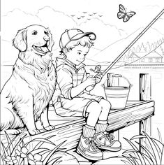 a boy and his dog sitting on a bench with a butterfly flying over them in the background