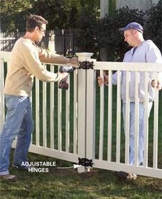 two men working on a white picket fence in front of a house with the caption, adjustible things