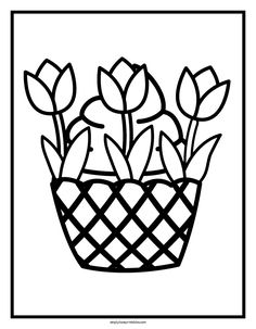 a black and white drawing of flowers in a basket with leaves on the inside,