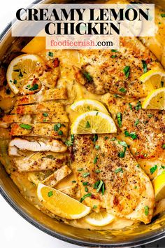 Creamy Lemon Chicken | foodiecrush.com Image shows a closeup overhead shot of a large sauté pan with chicken breasts (some sliced into strips), in a creamy golden-brown lemon sauce, with lemon slices and fresh parsley Foodiecrush Recipes, Buffalo Chicken Dip Easy, Creamy Lemon Chicken, Lemon Chicken Recipe, One Pan Dinner, Healthy Turkey, Foodie Crush, Roast Chicken Recipes