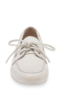 Supple leather laces detail a menswear-inspired boat shoe with a chic but timeless design. Leather upper and lining/synthetic sole Imported White Lace-up Leather Loafers, Classic Lace-up Boat Shoes With Textured Sole, Classic Lace-up Boat Shoes With Rubber Sole, Casual Lace-up Boat Shoes With Leather Sole, Classic Boat Shoes With Branded Insole For Spring, Leather Sole Lace-up Boat Shoes, Leather Lace-up Boat Shoes With Textured Sole, Leather Lace-up Boat Shoes For Spring, Lace-up Boat Shoes With Leather Sole