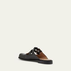 Loewe "Campo" leather loafer mules Flat heel Round toe Dual Mary Jane buckle vamp Easy slide style Leather outsole Made in Italy Loafer Mules, Leather Mary Janes, Mule Flat, Leather Loafers, Mary Janes, Tops Designs, Loafers, In Italy, Buckle