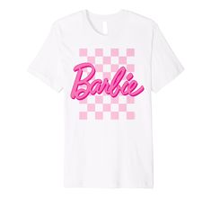 PRICES MAY VARY. Officially Licensed by Mattel Graphic Artwork: H22333 This premium t-shirt is made of lightweight fine jersey fabric Fit: Men’s fit runs small, size up for a looser fit. Women’s fit is true to size, order usual size. Checker Background, Movie Halloween Costume, Checkered Background, Barbie Logo, Barbie Barbie, Movies Outfit, Heart Logo, T Shirt For Women, Pink Shirt