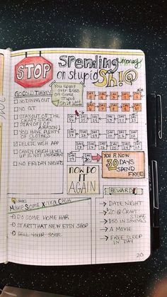 an open notebook with writing on it that says stop spending money on stupidshof