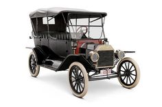 an old model t car on a white background with clippings to the side