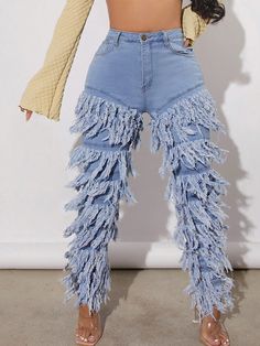 Blue  Collar  Denim Plain Skinny Embellished Medium Stretch  Women Clothing Second Rodeo, Layered Fringe, Fringe Jeans, Classic Style Outfits, Top Jeans, Rodeo Outfits, Denim Skirt Women, Denim Crafts, Dressed To The Nines