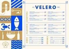 a menu for a seafood restaurant with an image of fish and other foods on it