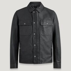 a black leather jacket with two pockets on the chest and one buttoned down at the front