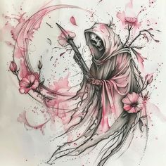 a drawing of a person with a hood on holding a knife and flowers in front of the moon