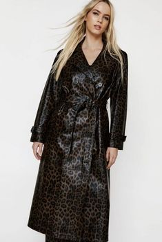 Faux Leather Trench Coat, Leather Trench, Leather Trench Coat, Faux Leather Fabric, Casual Fits, Long A Line, Nice Dresses, Leopard Print