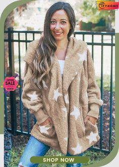 Khaki Lapel Collar Scatter Star Fuzzy Coat Casual Star Print Outerwear For Fall, Long Sleeve Star Print Outerwear For Fall, Teddy Bear Jacket, Fall Winter Jacket, Fuzzy Coat, Oversized Coat, Collar Designs, Black White Pink, Winter Coats Jackets