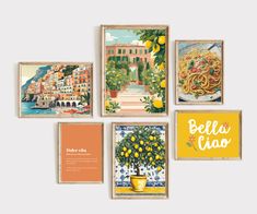 four framed pictures with different types of food and the words bella ciao on them