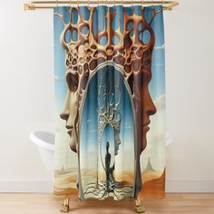 a shower curtain with an image of two faces and one person standing in front of them