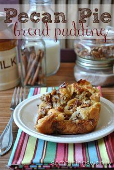 pecan pie bread pudding on a white plate