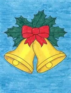 a drawing of two bells with holly leaves and a red bow on it's head