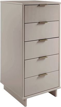 a white dresser with three drawers and two handles on each drawer, in front of a white background