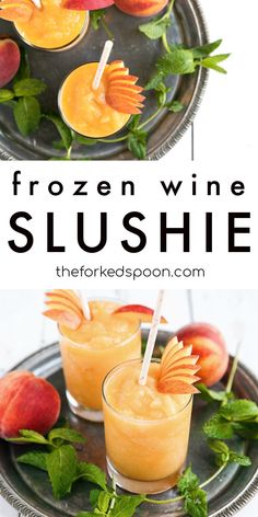 peach wine slushie with mint garnish on the side