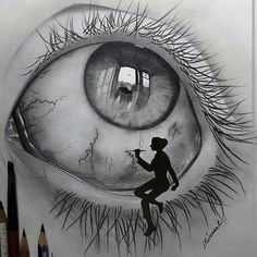 a pencil drawing of an eye with a person holding a paintbrush in front of it