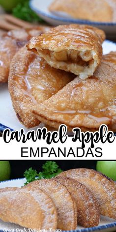 A double photo collage of caramel apple empanadas. Holiday Treat Ideas, Caramel Apple Empanadas, Dessert Empanadas Recipe, Food For Guests, Sweet Empanadas Recipe, Apple Empanadas, Easy Empanadas Recipe, Fall Party Food, Hand Pie Recipes