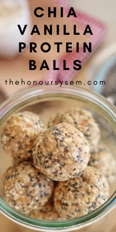 chia vanilla protein balls in a glass bowl