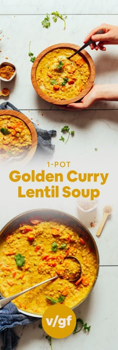 two bowls of lentil soup on a table with the title top 10 golden curry lentil soup