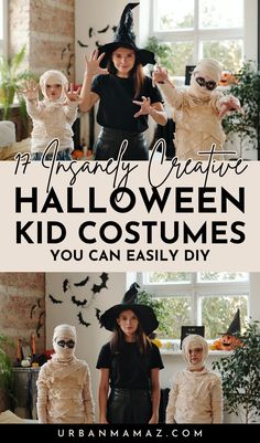 kids dressed up in halloween costumes with text overlay